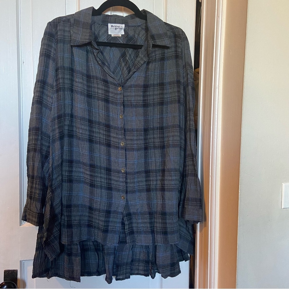 Anthropologie Holding Horses L Plaid Tunic Blue Gray Black Ruffle Back Boho Top